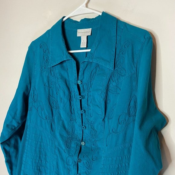 Soft Surroundings Women L Blouse Floral Embroidered Button Front Long Sleeve Top - Picture 2 of 9